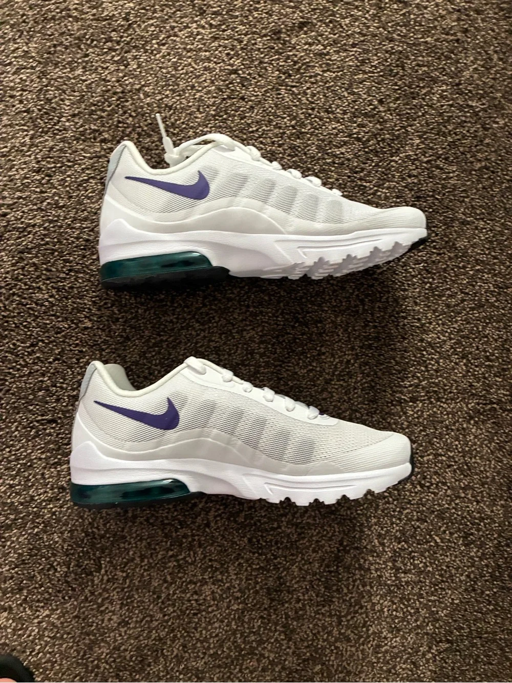 Nike Women’s White Sneakers with Purple Swoosh and Teal Air Unit